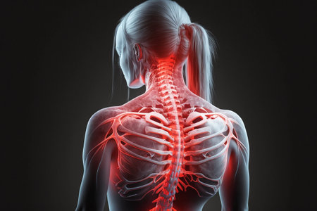 Spinal injury, sports injury, girl with highlighted red glow of spine and neck.