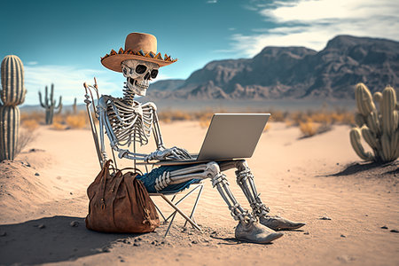 Freelancer, a skeleton in a hat works behind a laptop in the desert.