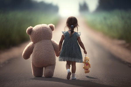 A little girl walks down the road with a teddy bear.の写真素材