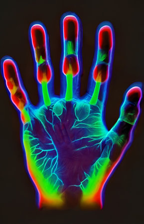 Thermal print of the palm of the hand on a black background.の写真素材