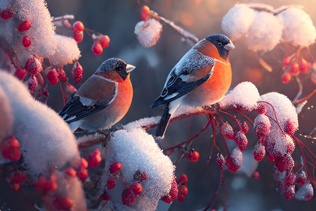 Winter, birds on a branch. SNEGIR, Pyrrhula pyrrhula.の写真素材