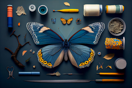 Dried Butterfly entomological collection. Perfect Butterfly knolling.の写真素材