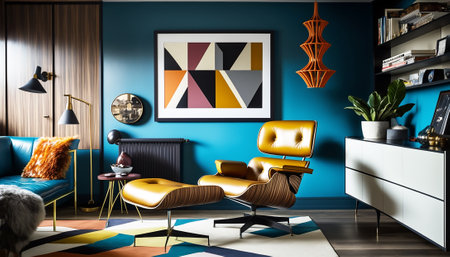 Modern design of a room in an apartment with a leather sofa.