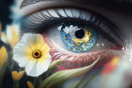 Woman's eye close-up and reflecting flower petals, Spring bouquet.の写真素材