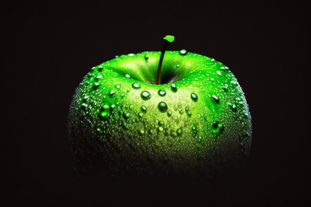 Green apple with water droplets, studio light, black background.の写真素材
