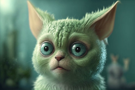 An alien cat with big green eyes. Art.の素材