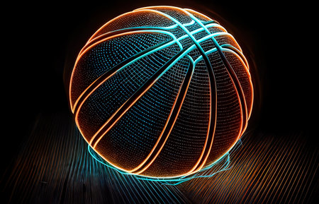 Basketball in neon lighting on a dark background.の写真素材