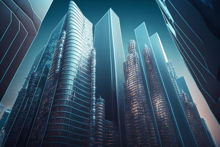 A city with skyscrapers, bottom to top view. city background.の写真素材