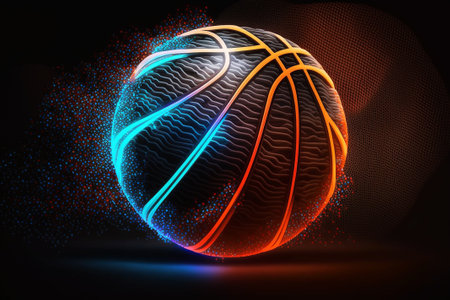 Basketball in neon lighting on a dark background.の写真素材