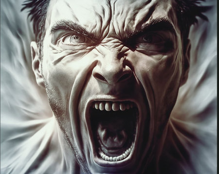 The man screams in terror, emotion on his face. The man's pain.の写真素材