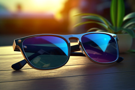 Sunglasses on a wooden table against a sunset backdrop.の写真素材