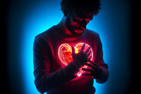 A man covers his hands with his heart illuminated in red. prevention of cardiovascular diseases.