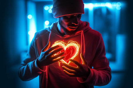 A man covers his hands with his heart illuminated in red. prevention of cardiovascular diseases.の写真素材