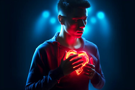 A man covers his hands with his heart illuminated in red. prevention of cardiovascular diseases.の写真素材