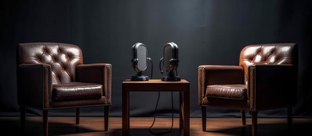 The interior of the podcast studio, two chairs with microphones, dark muted tones.