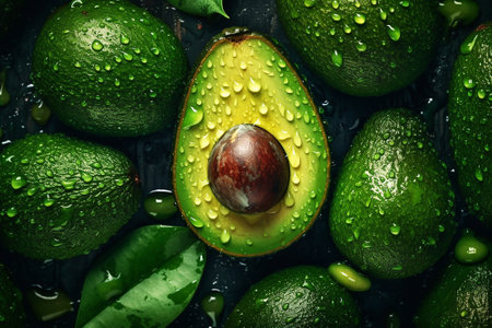 Avocado covered with drops of water. studio light. avocado background.の写真素材