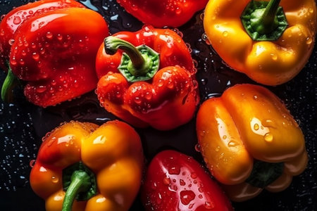 Colorful sweet bell peppers covered with water droplets. Pepper background.
