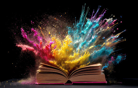 An open book and an explosion of colorful colors. The Book of Knowledge.の写真素材