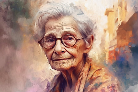 Elderly woman in glasses, aristocrat, portrait painted with watercolors on textured paper. digital watercolor paintingの写真素材