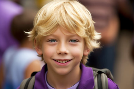Portrait, smiling boy with blond hair, schoolboy in purple clothes.の写真素材