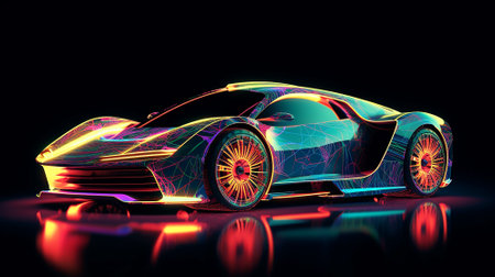 Abstract futuristic car design in neon color. Wallpaper, black background.の写真素材