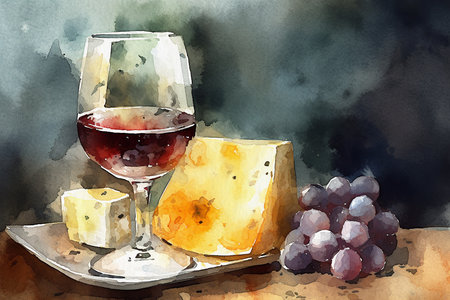 Glass of wine and cheese and bunch of grapes on table, watercolor painting on textured paper. digital watercolor paintingの写真素材