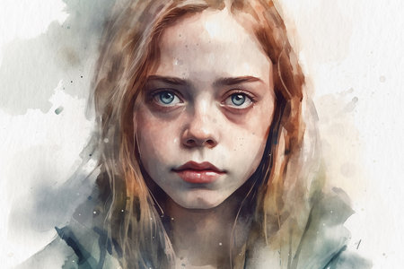 Girl with weeping eyes, portrait painted with watercolors on textured paper. digital watercolor paintingの写真素材