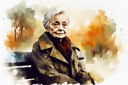 Single elderly woman on park bench, watercolor painting on textured paper. digital watercolor paintingの写真素材