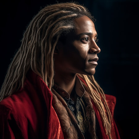 Portrait, Dark-skinned man with long hair in a red jacket, dreadlocked hair. Black background.の写真素材