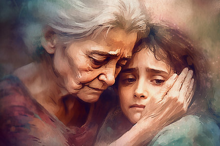 A grieving family, an elderly woman embracing her daughter, painted in watercolor on textured paper. digital watercolor paintingの写真素材