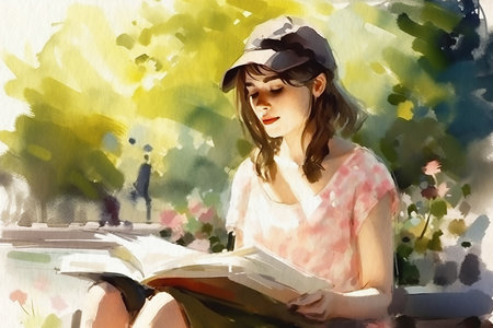 Girl reading a book in the park on a bench, a watercolor painting on textured paper. digital watercolor paintingの写真素材