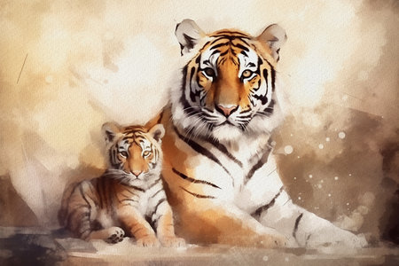 Tiger and tiger cub, watercolor painting on textured paper. digital watercolor paintingの写真素材