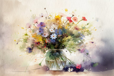 Wildflowers, bouquet of flowers in a vase on a table, still life painted with watercolors on textured paper. digital watercolor paintingの写真素材