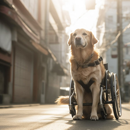 Disabled dog, hind limbs of a dog in a wheelchair on a city street.の写真素材