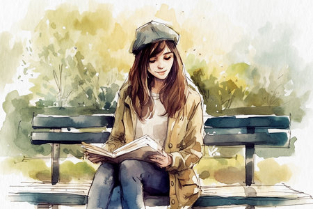 Girl reading a book in the park on a bench, a watercolor painting on textured paper. digital watercolor paintingの写真素材