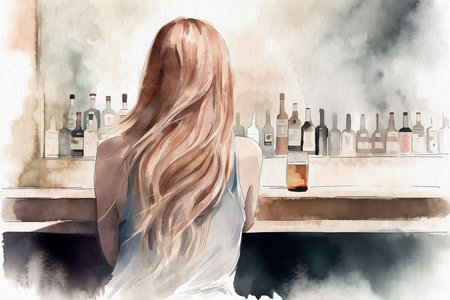 Lonely girl in a bar, back view, watercolor painting on textured paper. digital watercolor paintingの写真素材