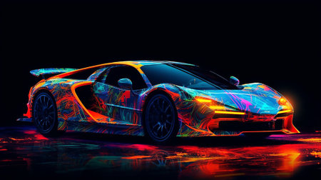 Abstract futuristic car design in neon color. Wallpaper, black background.
