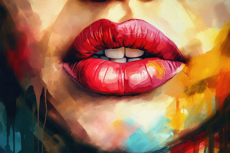 Female lips of a young girl with red lipstick, close-up painted in watercolor on textured paper. digital watercolor paintingの写真素材