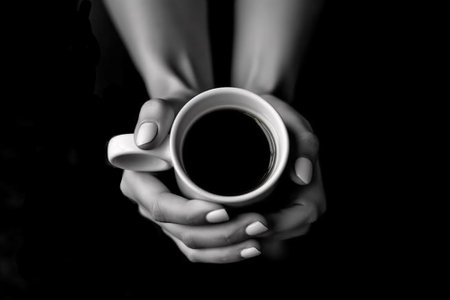 A cup of coffee in a woman's hands, view from the top, black background.の写真素材