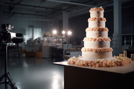 Large wedding cake on the table in the banquet hall.の写真素材