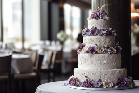 Large wedding cake on the table in the banquet hall.の写真素材