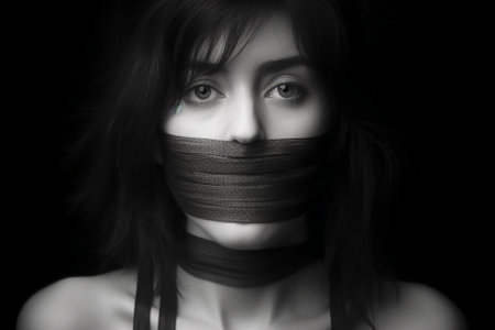 Freedom of speech, ethereal eternal forced muffled, A young girl's mouth crossed with sticky tape.