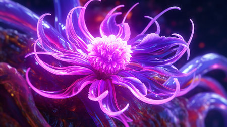 Blooming flower bud, Purple neon glow art, cinematic art, detailed textures.の写真素材