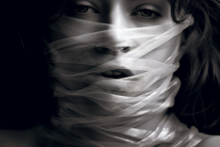 Freedom of speech, ethereal eternal forced muffled, A young girl's mouth crossed with sticky tape.の写真素材