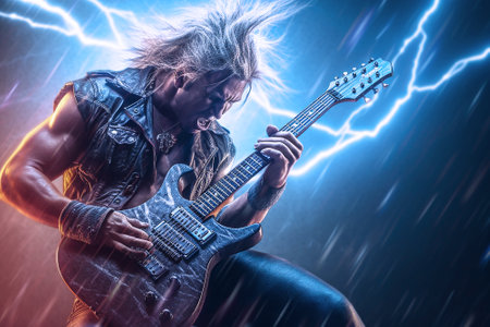 Rock guitarist, metal rockstar playing guitar with lightning on the strings.