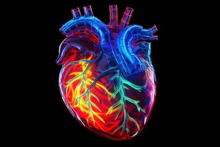 Realistic anatomical human heart. Black background.の写真素材