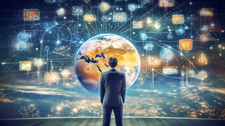A male businessman builds a marketing strategy against the backdrop of a world map.