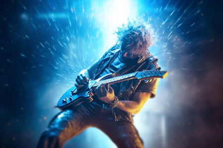 Rock guitarist, metal rockstar playing guitar with lightning on the strings.の写真素材