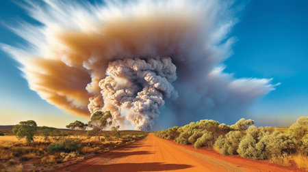 Dramatic landscape with heavy fire and puffs of smoke in Western Australia, bushfire.の写真素材