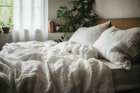 Crumpled bed on the bed in the bedroom in the morning.の写真素材